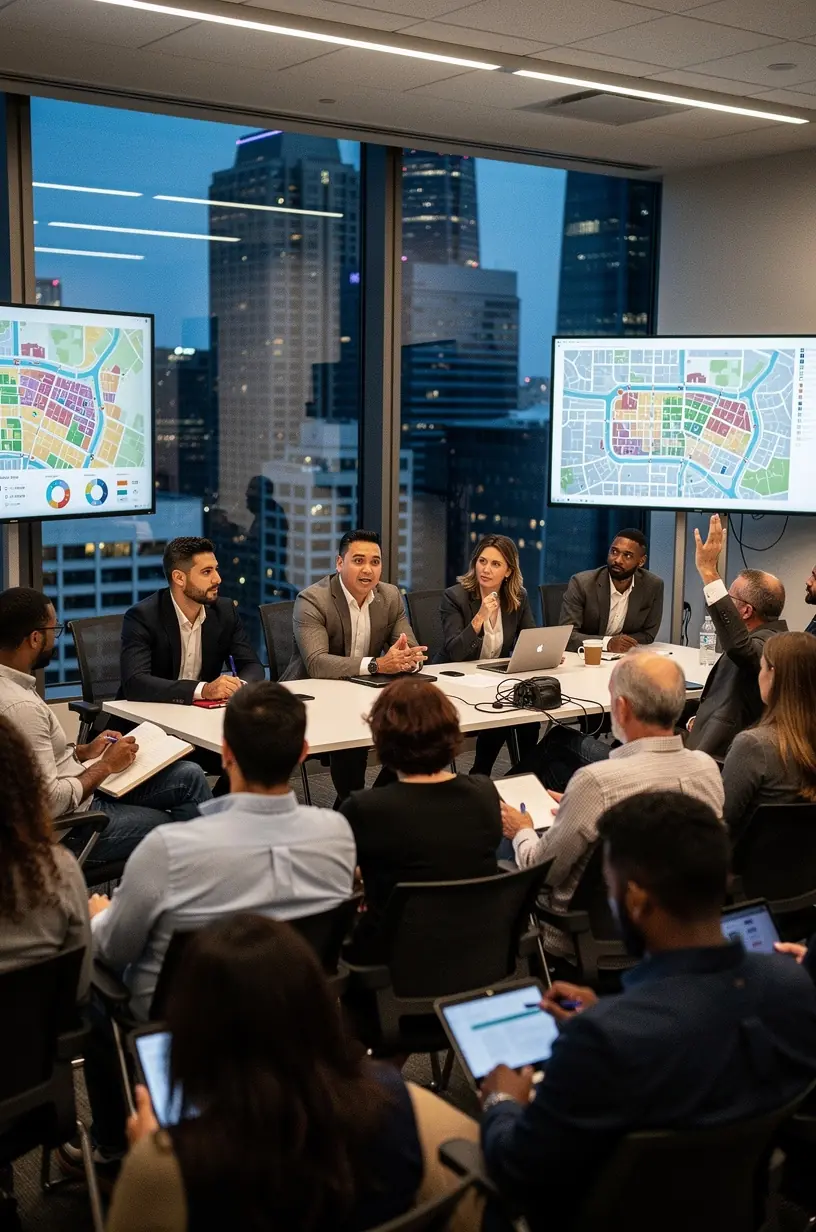 Community members discussing sustainable energy solutions outdoors.